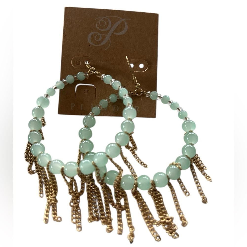 Plunder Design Amy Earrings - Mint Green Beaded Gold Chain Tassel Hoops - NWT